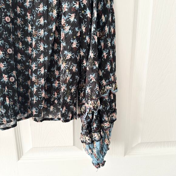 Free People Jenna Printed Blouse Night Combo Tie Neck Peasant Ruffle Boho Small - Picture 4 of 9